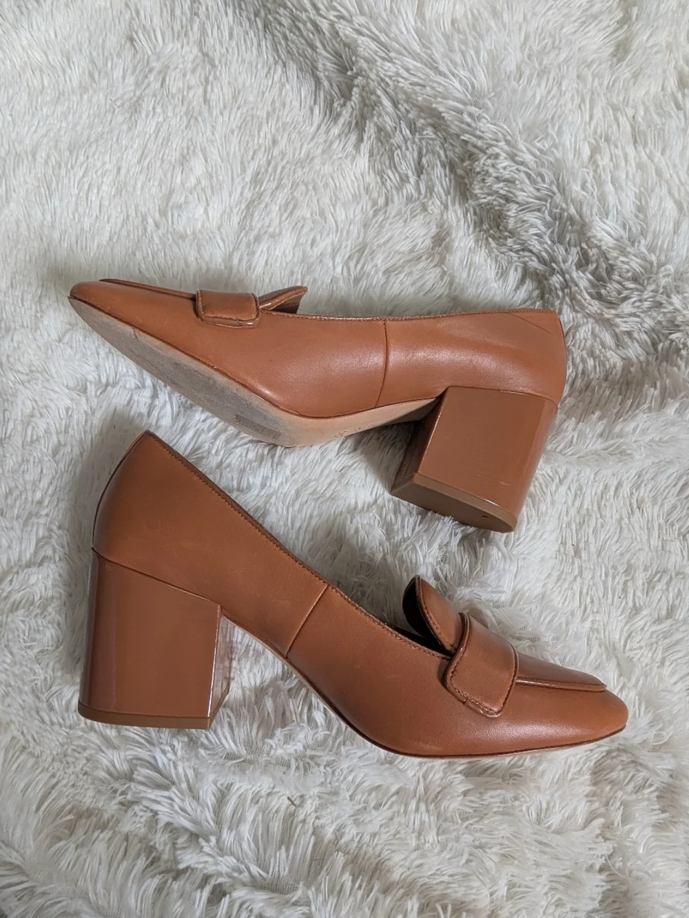 Tory Burch Tan Leather Loafer Chunky Square Heel Pumps Size 10 - Picture 3 of 7